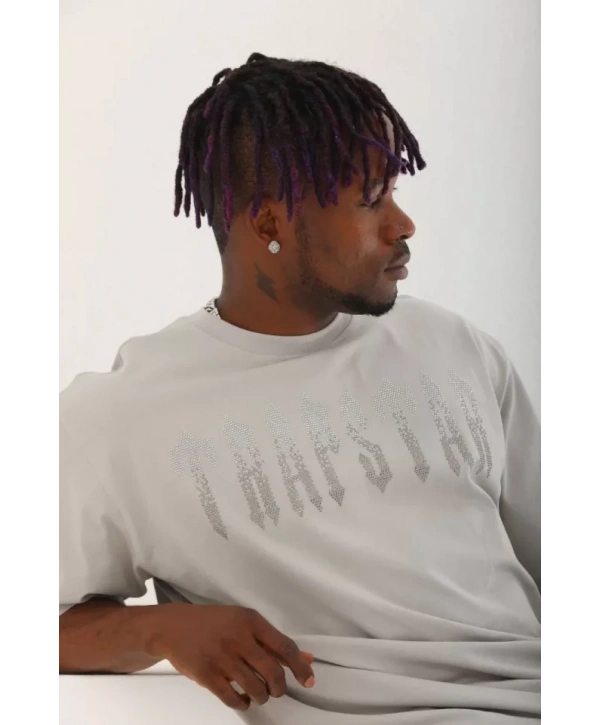 Unisex Oversize Taşlı Bisiklet Yaka T-Shirt - Gri