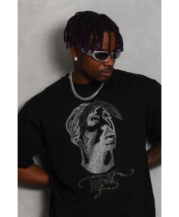 Unisex Oversize Taşlı Bisiklet Yaka T-Shirt - Siyah