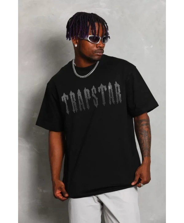 Unisex Oversize Taşlı Bisiklet Yaka T-Shirt - Siyah