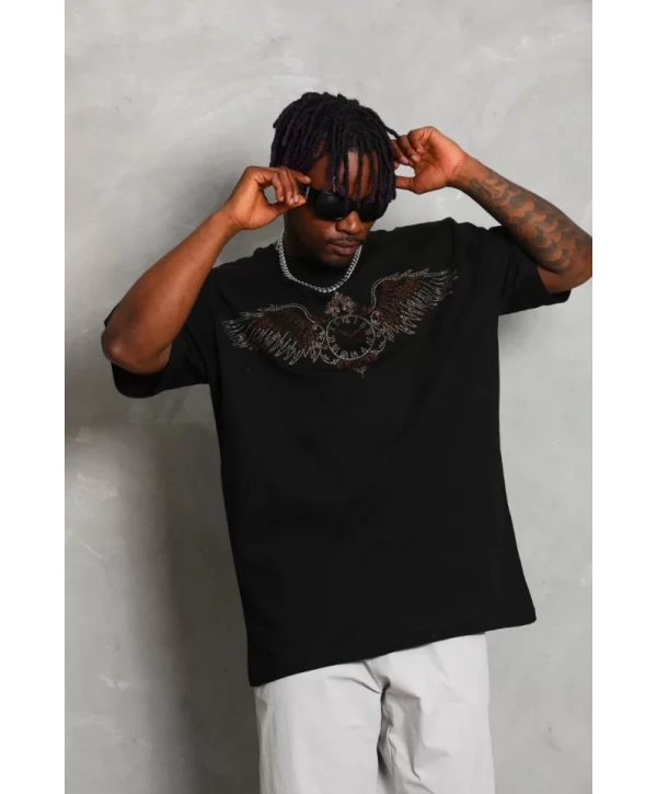 Unisex Oversize Taşlı Bisiklet Yaka T-Shirt - Siyah