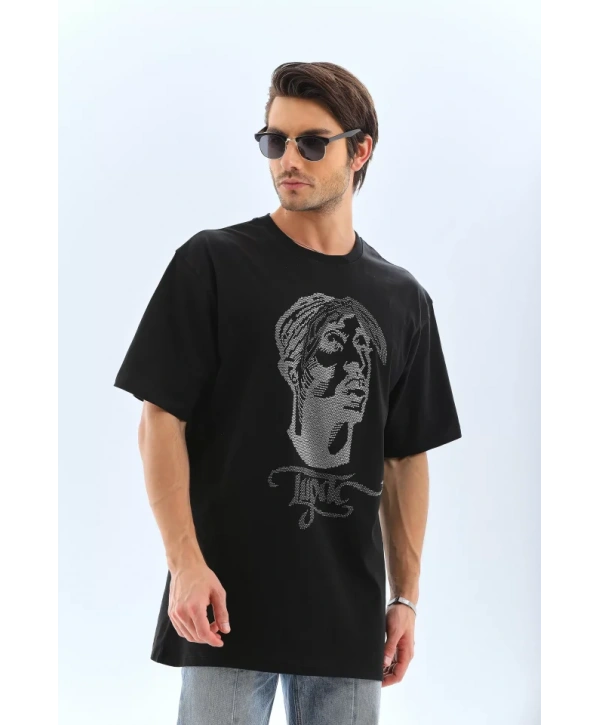 Unisex Oversize Taşlı Bisiklet Yaka T-Shirt - Siyah