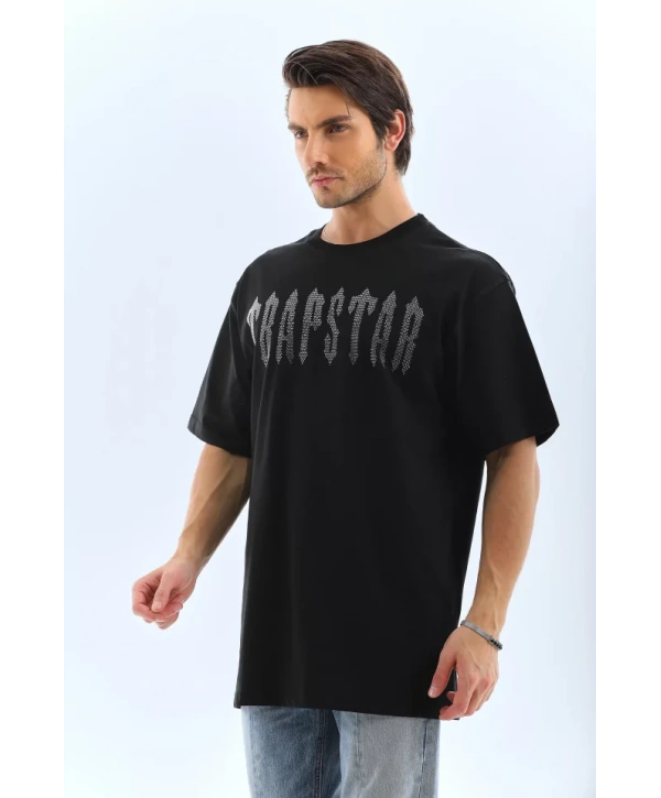 Unisex Oversize Taşlı Bisiklet Yaka T-Shirt - Siyah