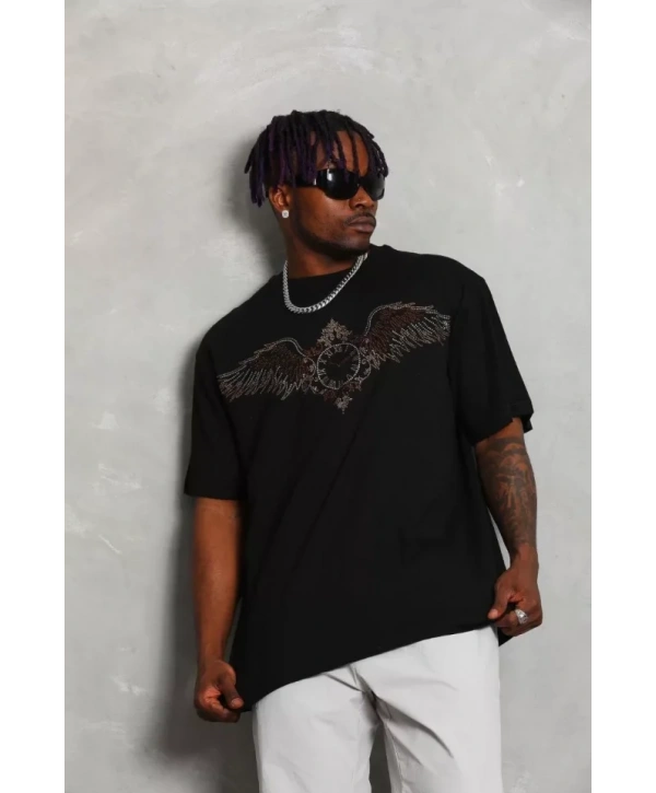 Unisex Oversize Taşlı Bisiklet Yaka T-Shirt - Siyah