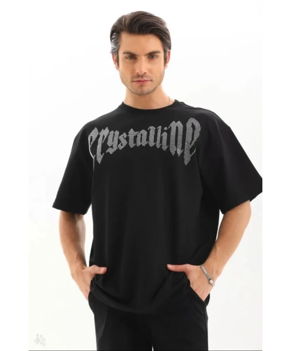 Unisex Oversize Taşlı T-Shirt - Siyah