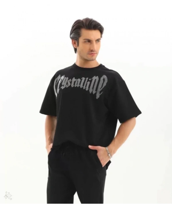 Unisex Oversize Taşlı T-Shirt - Siyah