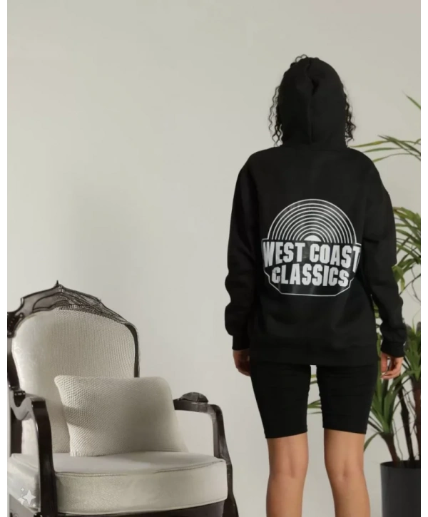 Unisex Sırt Baskılı Kapüşonlu Üç İplik Oversize Sweatshirt - Siyah