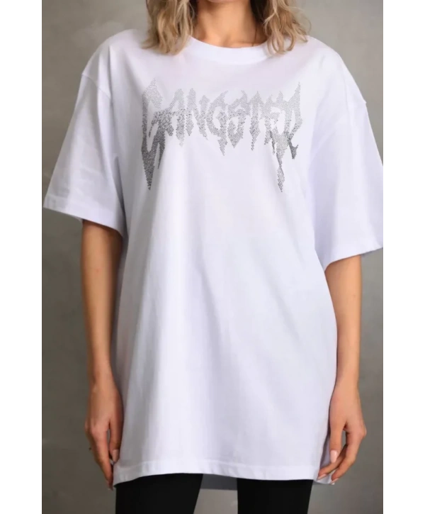 Unisex Taş Desenli Oversize T-Shirt - Beyaz