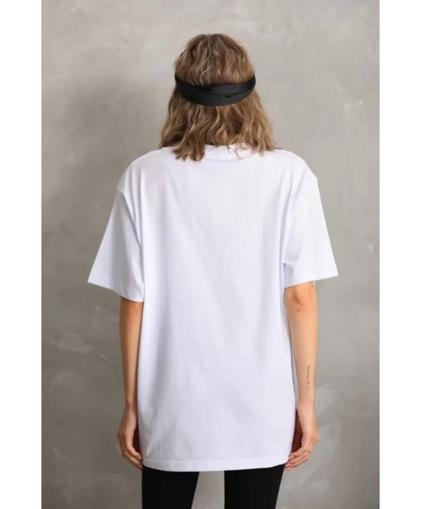 Unisex Taş Desenli Oversize T-Shirt - Beyaz