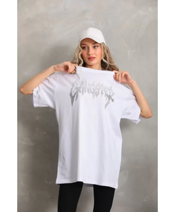 Unisex Taş Desenli Oversize T-Shirt - Beyaz
