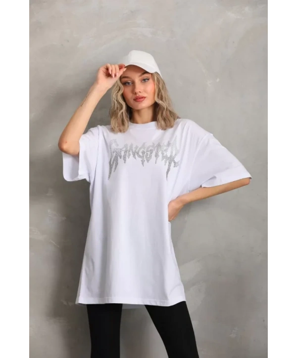 Unisex Taş Desenli Oversize T-Shirt - Beyaz