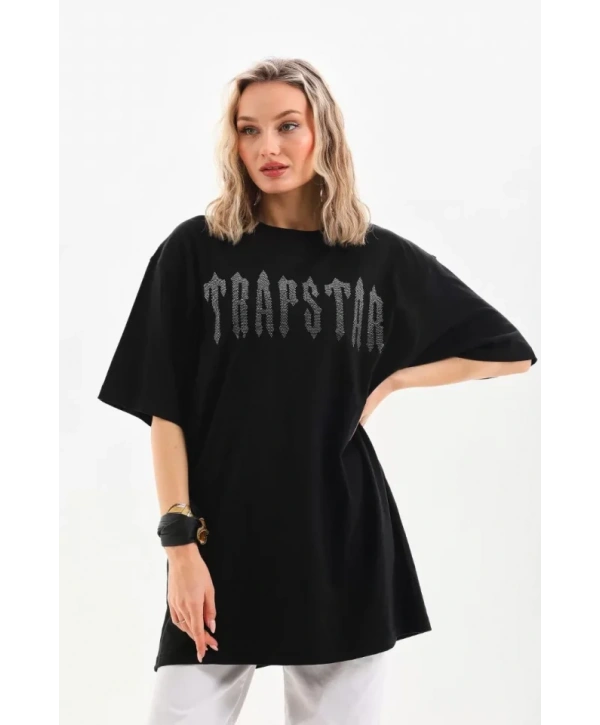 Unisex Taş Desenli Oversize T-Shirt - Siyah