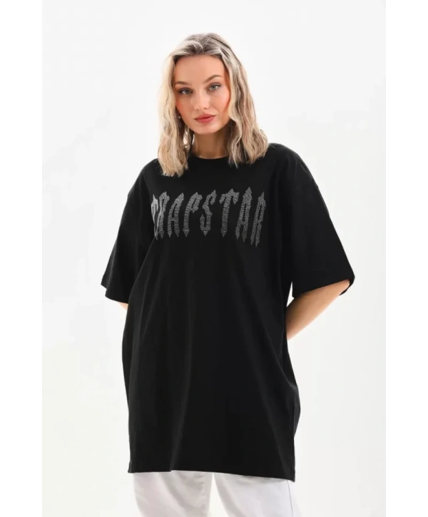 Unisex Taş Desenli Oversize T-Shirt - Siyah