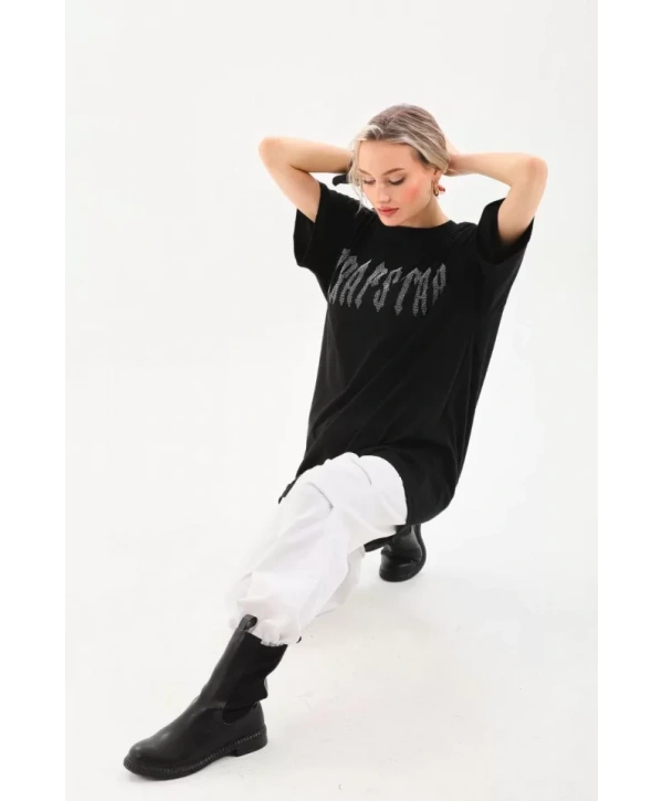 Unisex Taş Desenli Oversize T-Shirt - Siyah