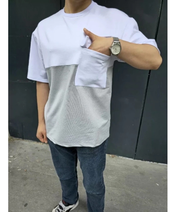 Unisex Torba Cep Detaylı Parçalı T-Shirt - Gri