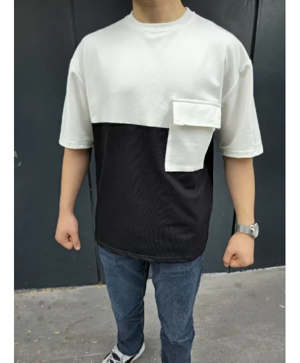 Unisex Torba Cep Detaylı Parçalı T-Shirt - Siyah