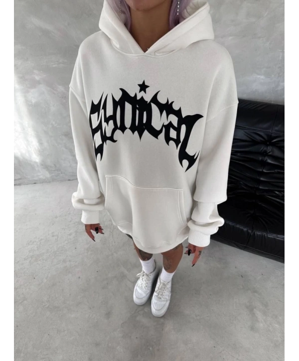 Unisex Üç İplik Kapşonlu Baskılı SweatShirt - Beyaz