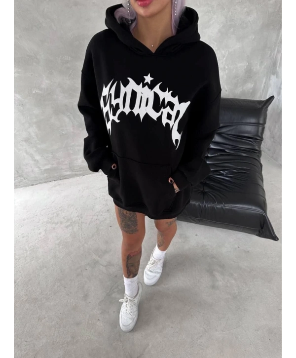 Unisex Üç İplik Kapşonlu Baskılı SweatShirt - Siyah