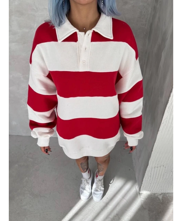 Unisex Üç İplik Parçalı Yakalı SweatShirt - Kırmızı