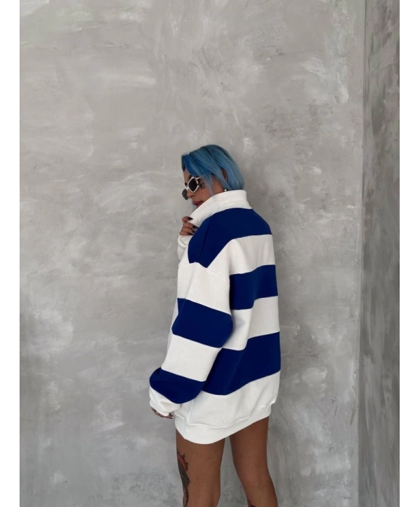 Unisex Üç İplik Parçalı Yakalı SweatShirt - Mavi