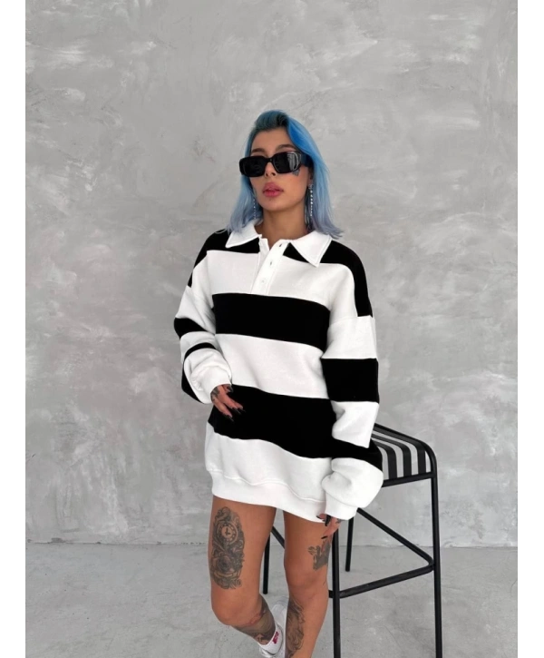 Unisex Üç İplik Parçalı Yakalı SweatShirt - Siyah