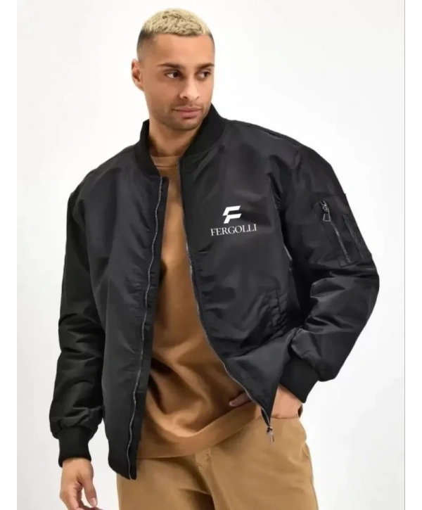 Unisex Uzun Kol Baskılı Bomber Ceket - Siyah