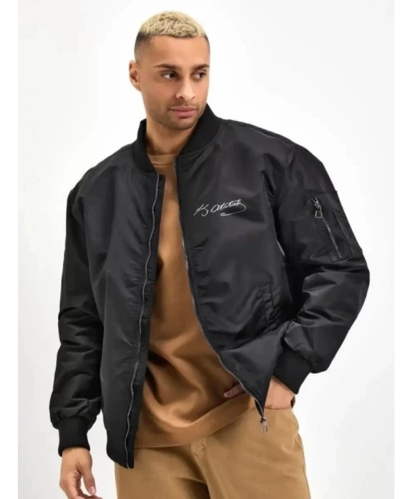 Unisex Uzun Kol Baskılı Bomber Ceket - Siyah