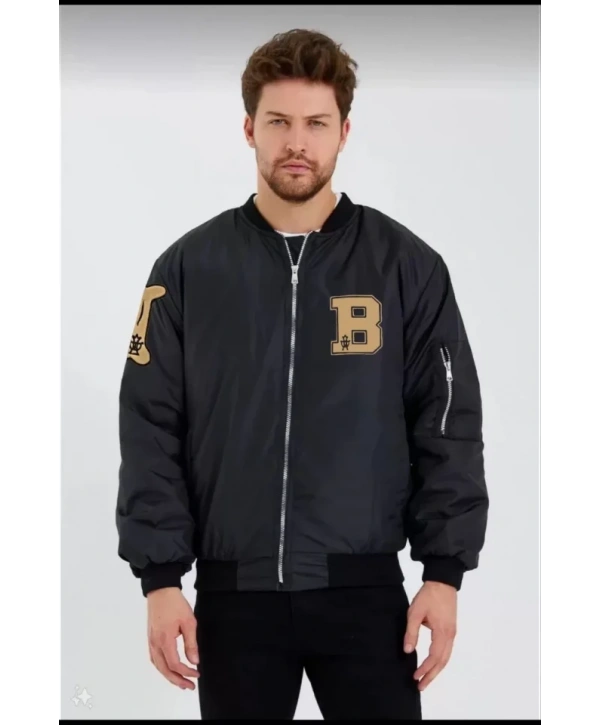 Unisex Uzun Kol Baskılı Bomber Ceket - Siyah