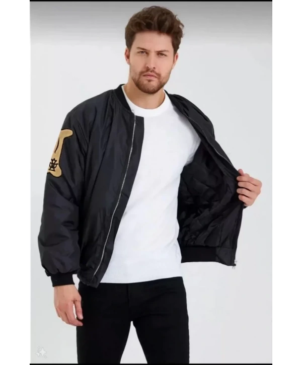 Unisex Uzun Kol Baskılı Bomber Ceket - Siyah