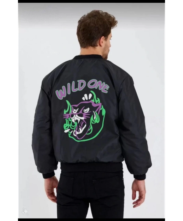 Unisex Uzun Kol Baskılı Bomber Ceket - Siyah