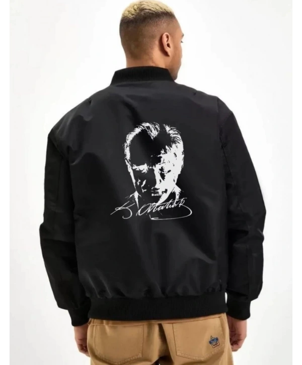 Unisex Uzun Kol Baskılı Bomber Ceket - Siyah