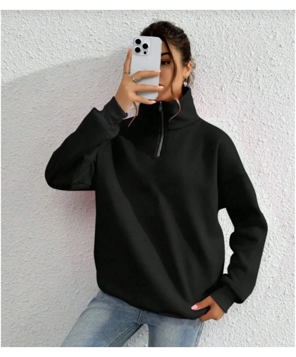 Unisex Uzun Kol Yarım Farmuarlı Yakalı Basic SweatShirt - Siyah