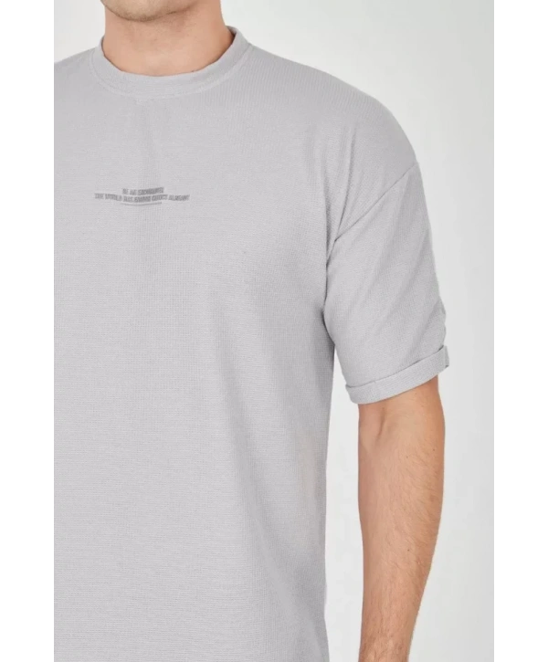 Unisex Waffle Kumaş Rahat Kol T-Shirt - Boyalı Gri