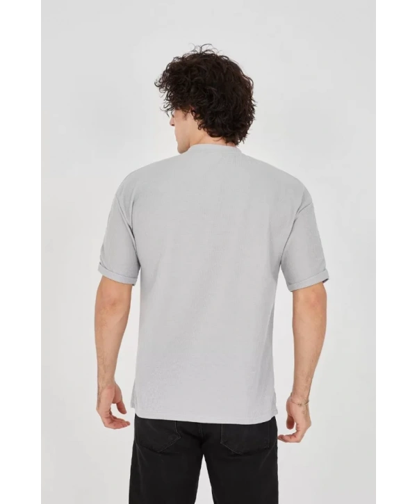 Unisex Waffle Kumaş Rahat Kol T-Shirt - Boyalı Gri