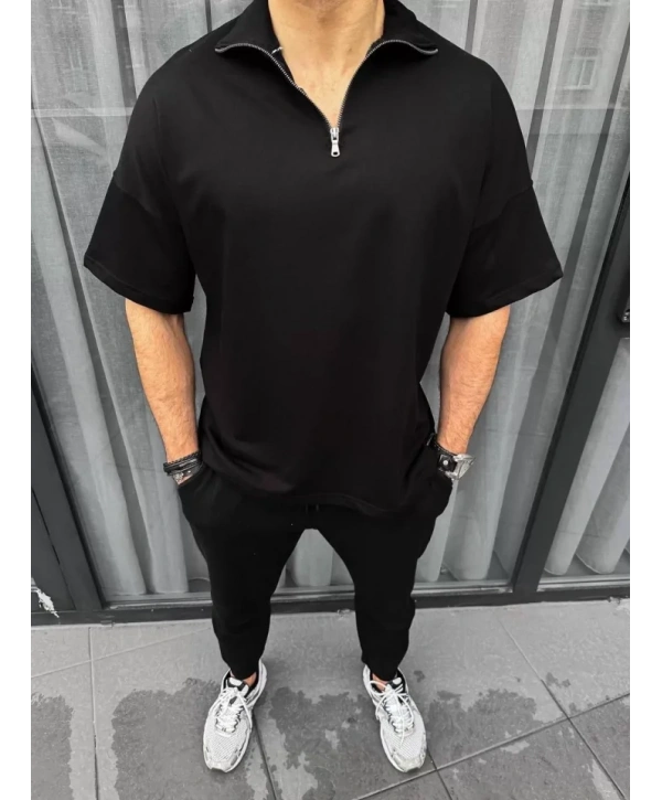 Unisex Yarım Fermuarlı Basic T-Shirt - Siyah