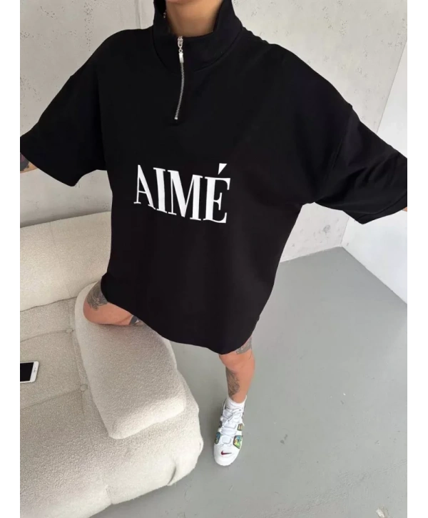 Unisex Yarım Fermuarlı Baskılı T-Shirt - Siyah