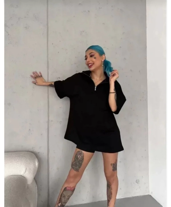 Unisex Yarım Fermuarlı Düz Oversize T-Shirt - Siyah