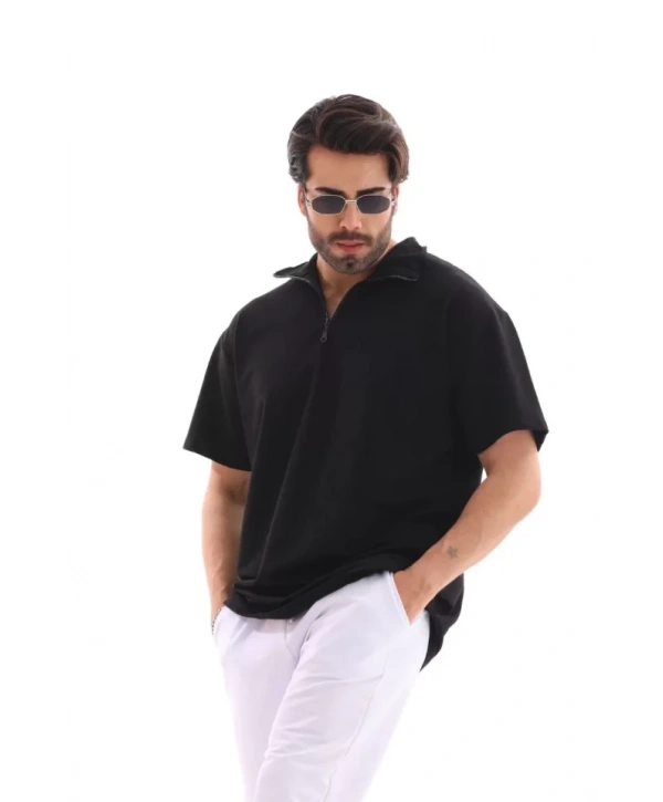 Unisex Yarım Fermuarlı Düz Oversize T-shirt - Siyah
