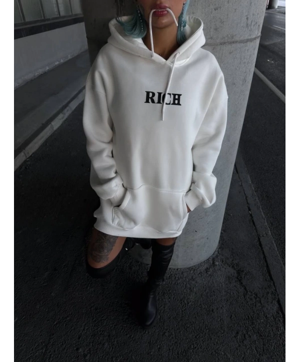 Uzun Kol Kapşonlu Göğüs Baskılı SweatShirt - Beyaz