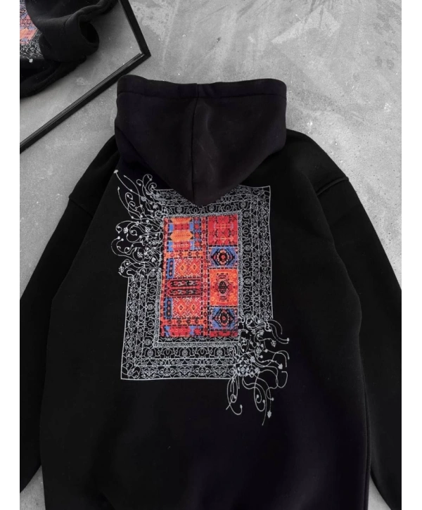 Uzun Kol Kapşonlu Ön Ve Arka Baskılı SweatShirt - Siyah