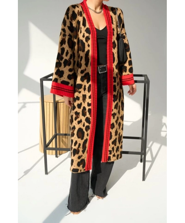 Uzun Leopar Hırka - Camel-Kırmızı