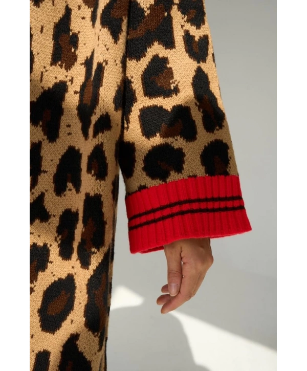 Uzun Leopar Hırka - Camel-Kırmızı