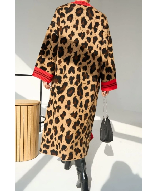 Uzun Leopar Hırka - Camel-Kırmızı