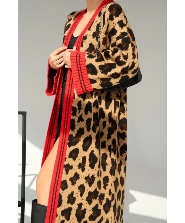 Uzun Leopar Hırka - Camel-Kırmızı