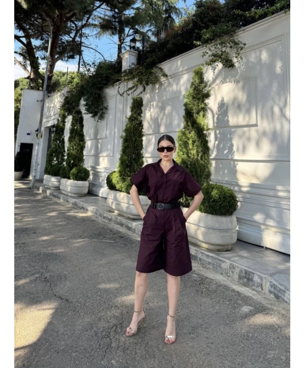 Yakalı Gömlek Kemerli Şortlu Takım - Bordo