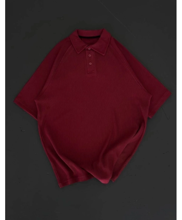 Yakalı Patlı Kısa Kol T-shirt - Bordo