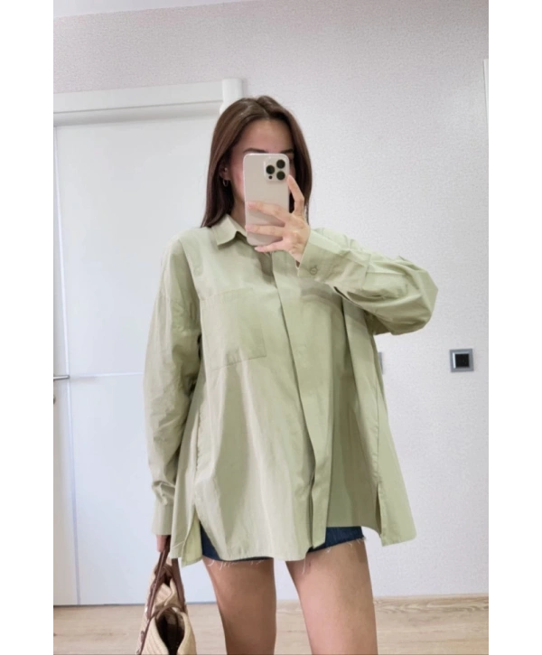 Yakalı Yandan Yırtmaçlı Gömlek - Yeşil