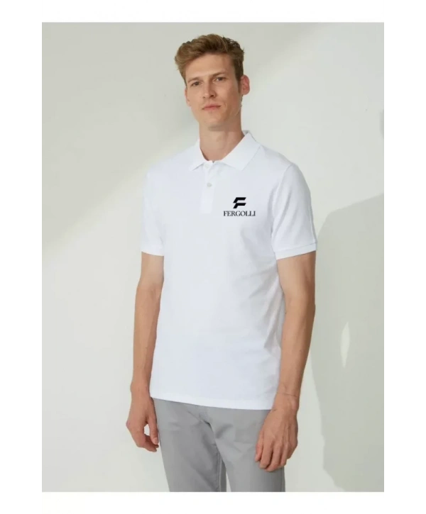 Yakası Düğmeli Yakalı Pike Baskılı T-Shirt - Beyaz