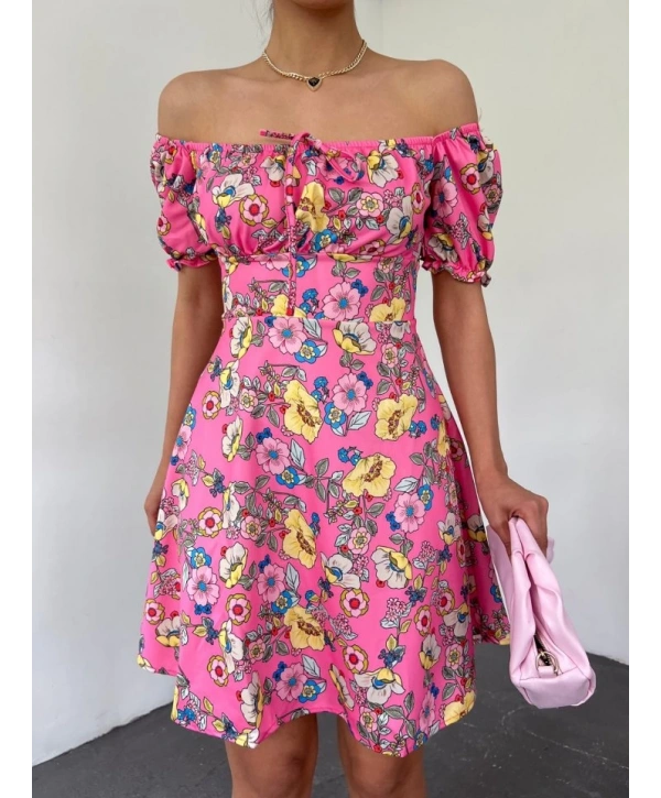 Yakası Lastikli Bağcık Detaylı Mini Elbise -Pembe