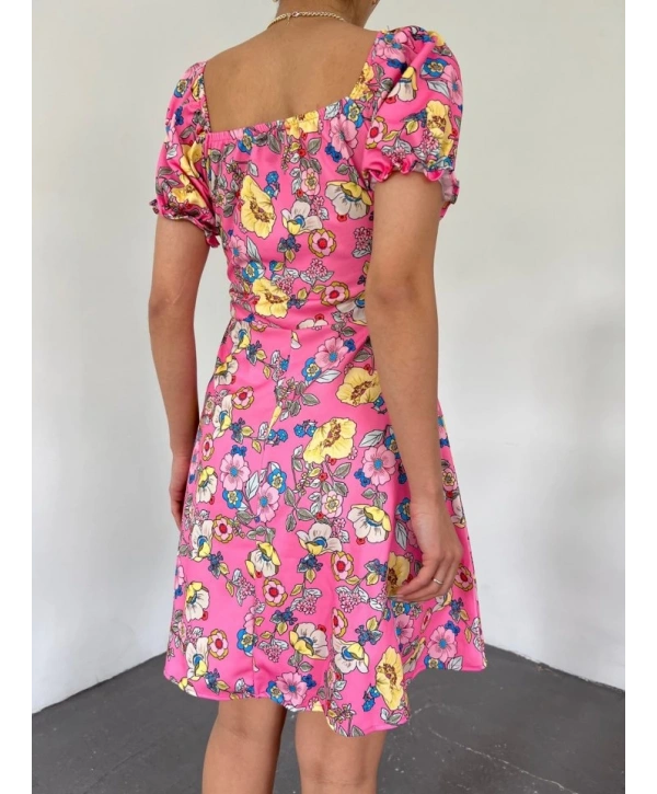 Yakası Lastikli Bağcık Detaylı Mini Elbise -Pembe