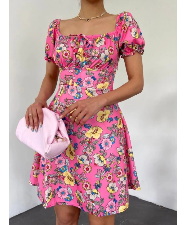 Yakası Lastikli Bağcık Detaylı Mini Elbise -Pembe